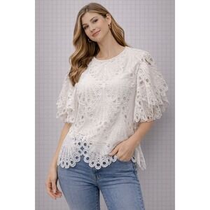 Blue Tassel White‎ Crochet Lace Top Butterfly Sleeve Scalloped Hem Size S
